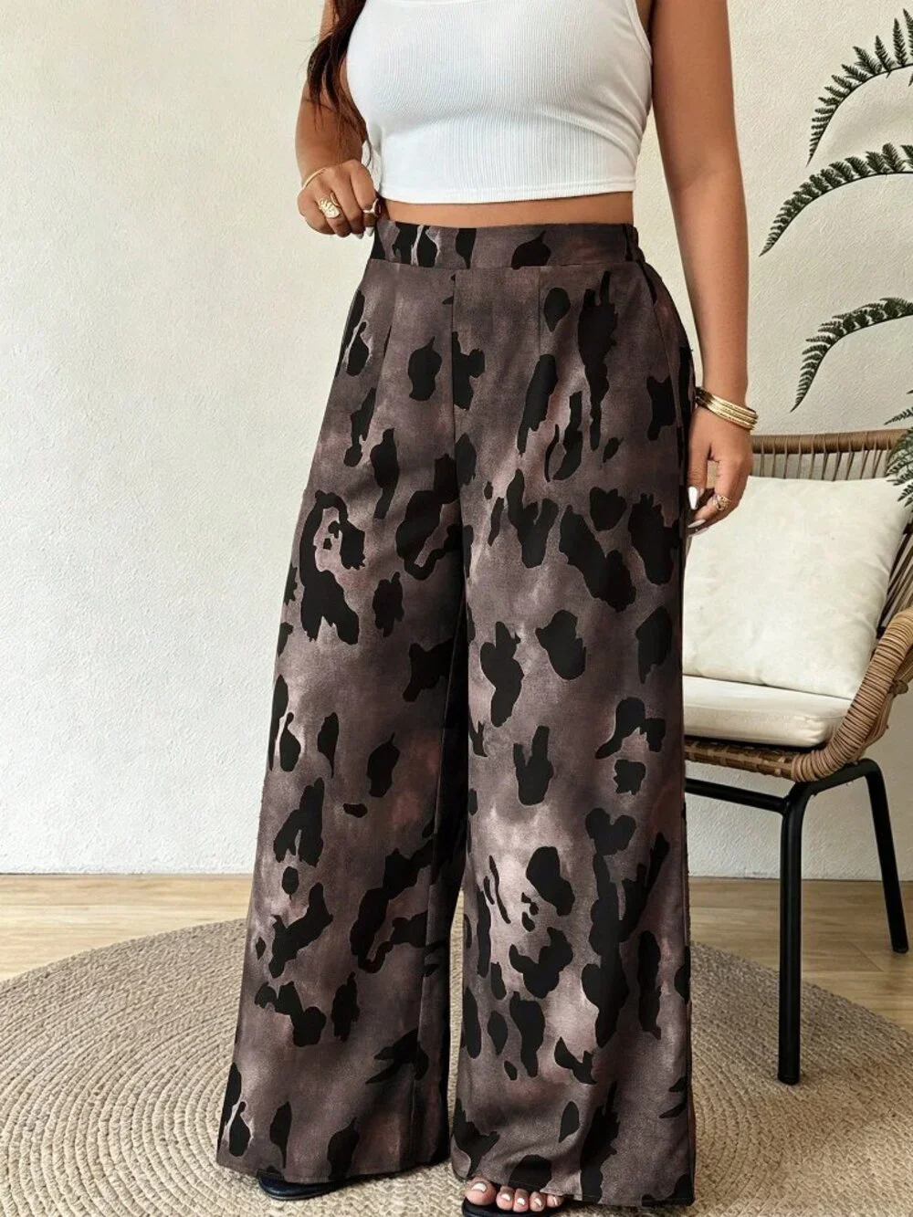 Mocha Brown Casual Women's Plus Size High Waist Wide Leg Loose Long Pants